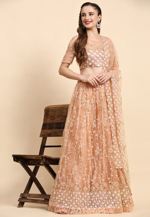 Embroidered Net Lehenga in Peach