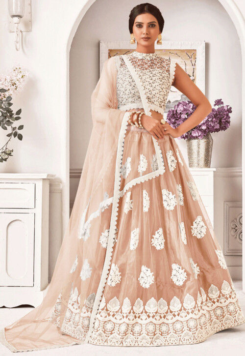 Embroidered Net Lehenga in Peach