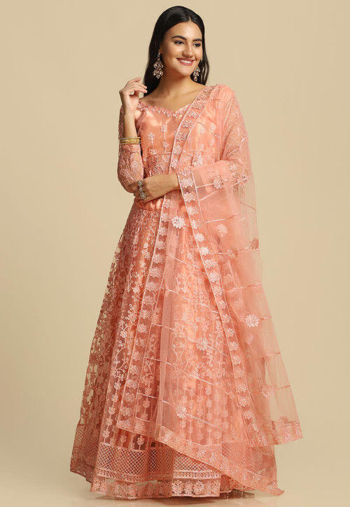 Embroidered Net Lehenga in Peach