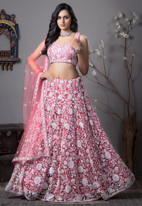 Embroidered Net Lehenga in Pink