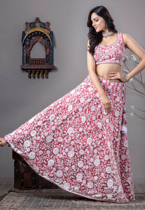 Embroidered Net Lehenga in Pink
