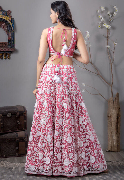 Embroidered Net Lehenga in Pink