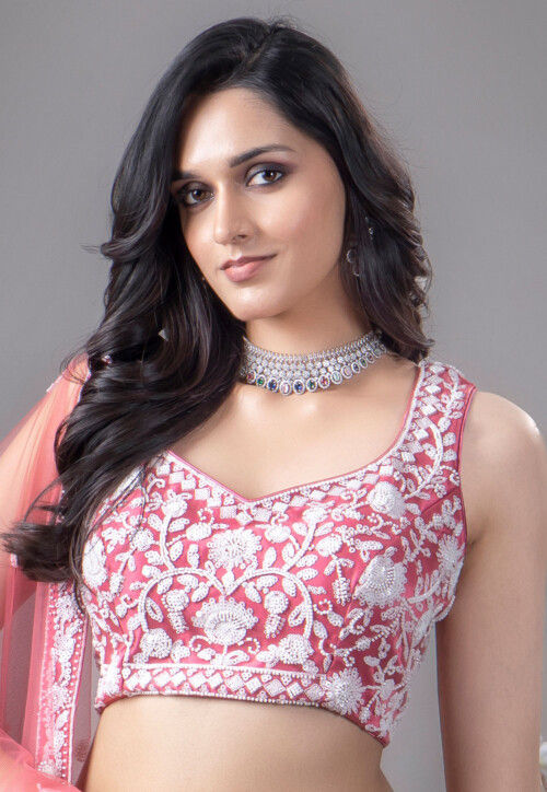 Embroidered Net Lehenga in Pink