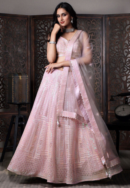 Embroidered Net Lehenga in Pink