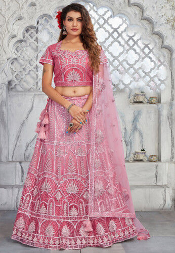 Embroidered Net Lehenga in Pink
