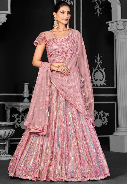 Embroidered Net Lehenga in Pink