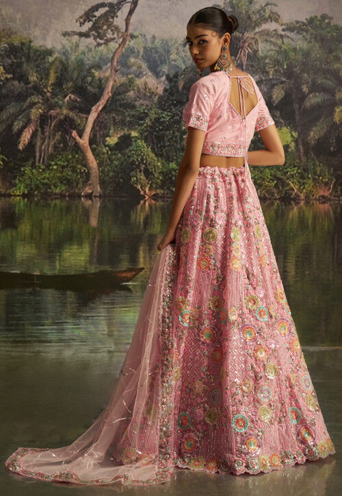 Embroidered Net Lehenga in Pink