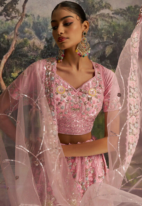 Embroidered Net Lehenga in Pink