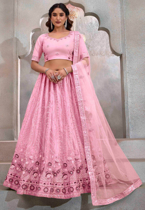 Embroidered Net Lehenga in Pink
