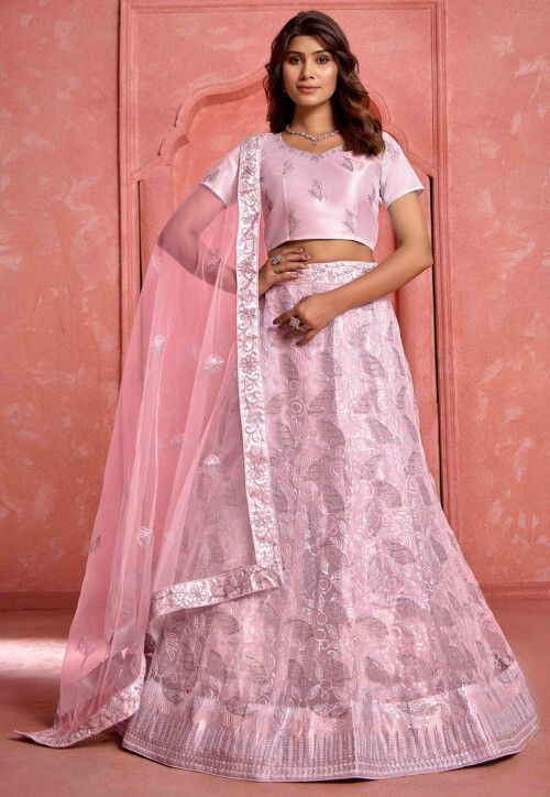 Embroidered Net Lehenga in Pink