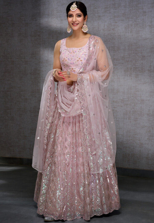 Embroidered Net Lehenga in Pink