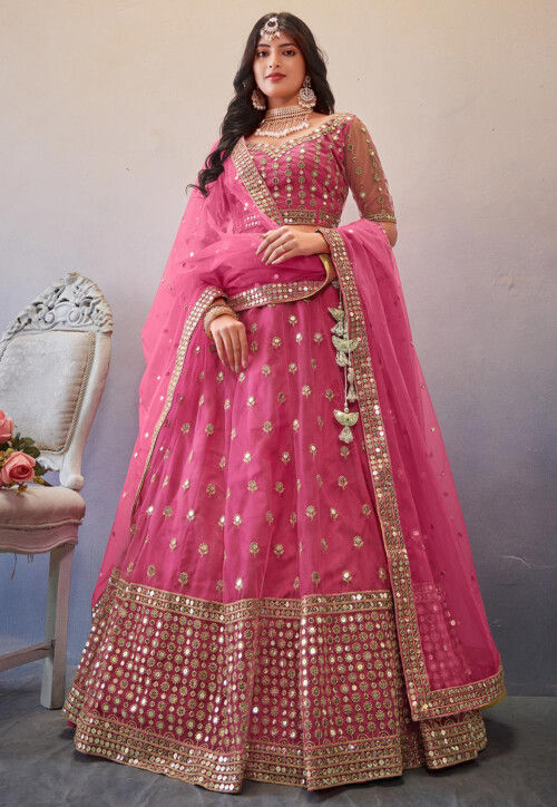 Embroidered Net Lehenga in Pink