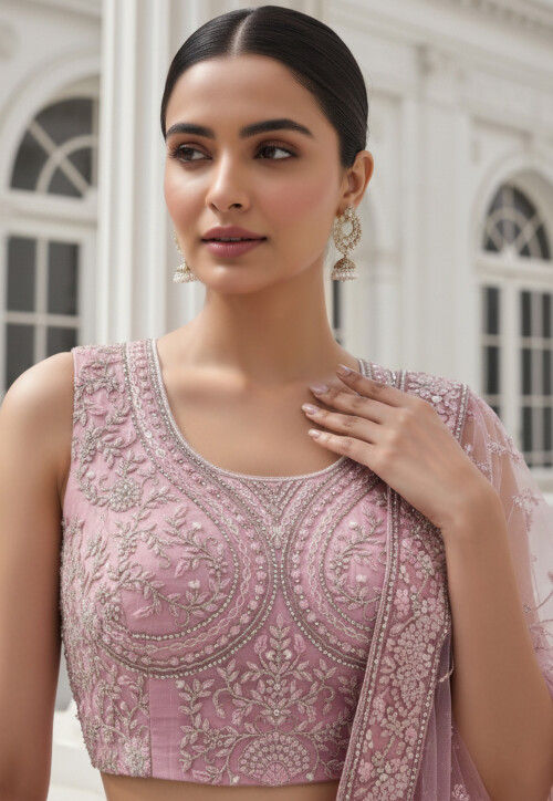 Embroidered Net Lehenga in Pink