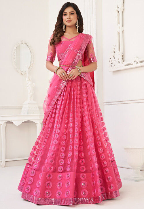 Embroidered Net Lehenga in Pink