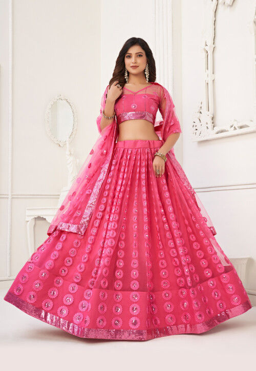 Embroidered Net Lehenga in Pink