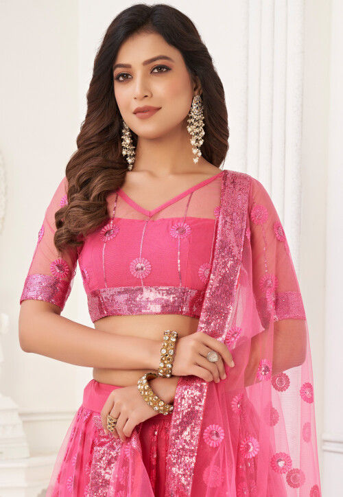 Embroidered Net Lehenga in Pink