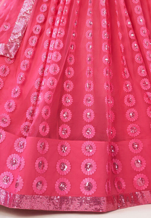 Embroidered Net Lehenga in Pink
