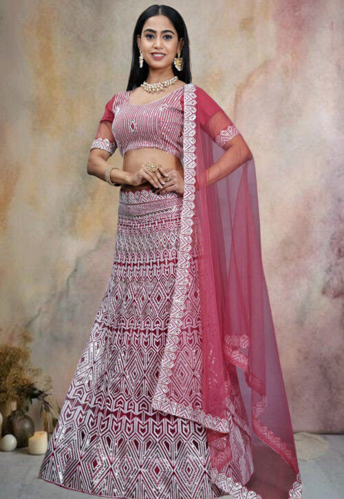 Embroidered Net Lehenga in Pink