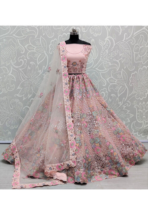 Embroidered Net Lehenga in Pink