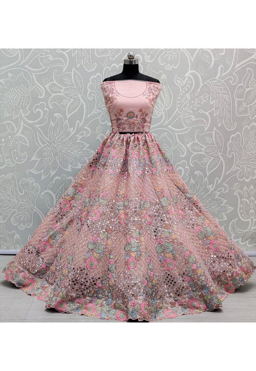 Embroidered Net Lehenga in Pink