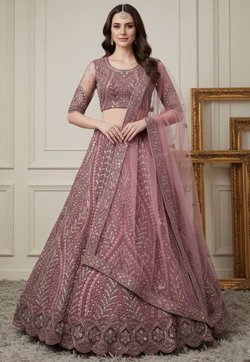 Embroidered Net Lehenga in Pink