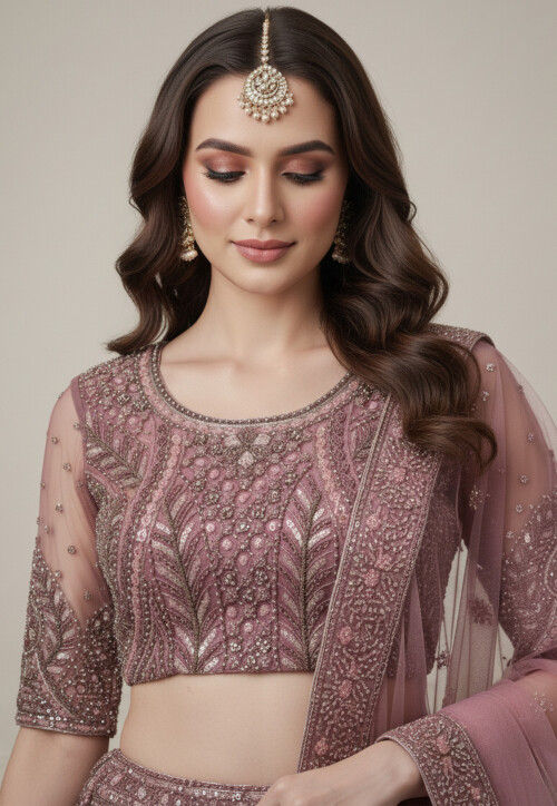 Embroidered Net Lehenga in Pink