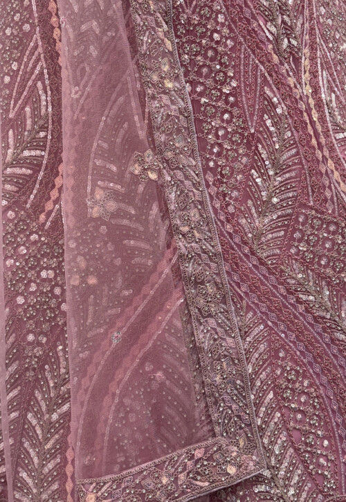 Embroidered Net Lehenga in Pink