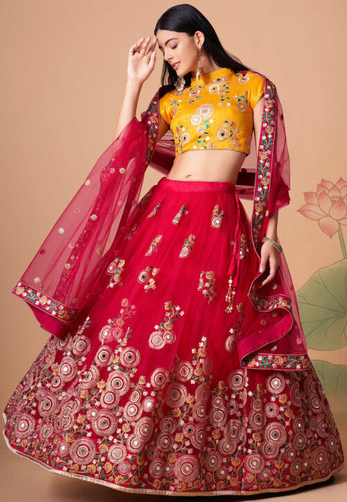 Embroidered Net Lehenga in Pink