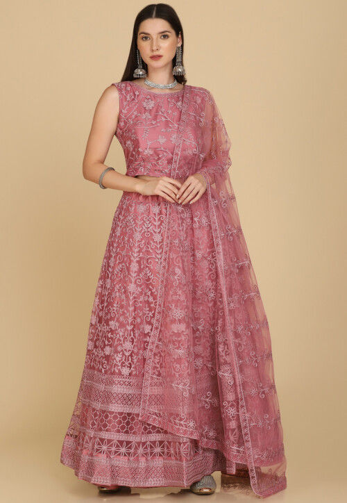 Embroidered Net Lehenga in Pink