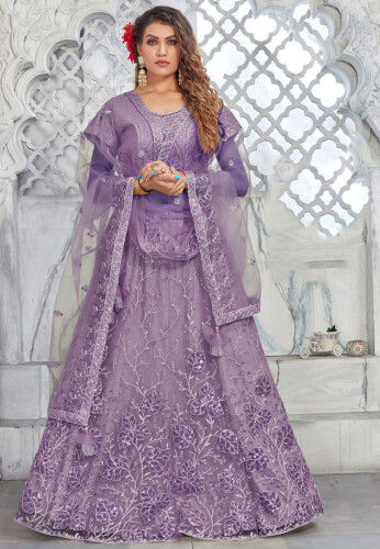 Embroidered Net Lehenga in Purple