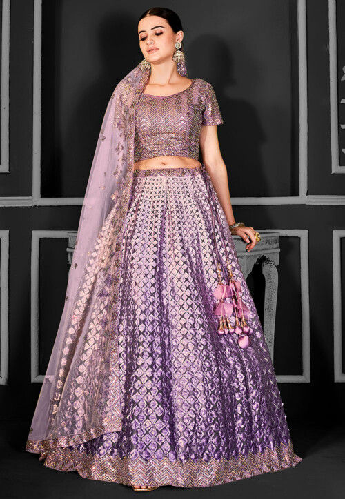 Embroidered Net Lehenga in Purple