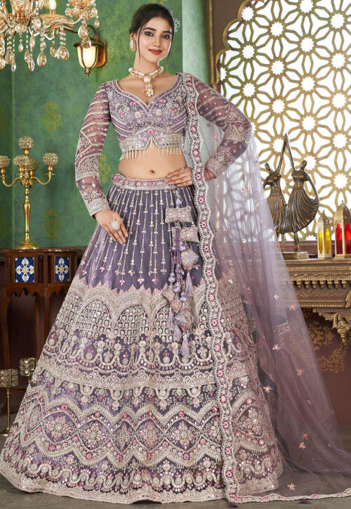 Embroidered Net Lehenga in Purple