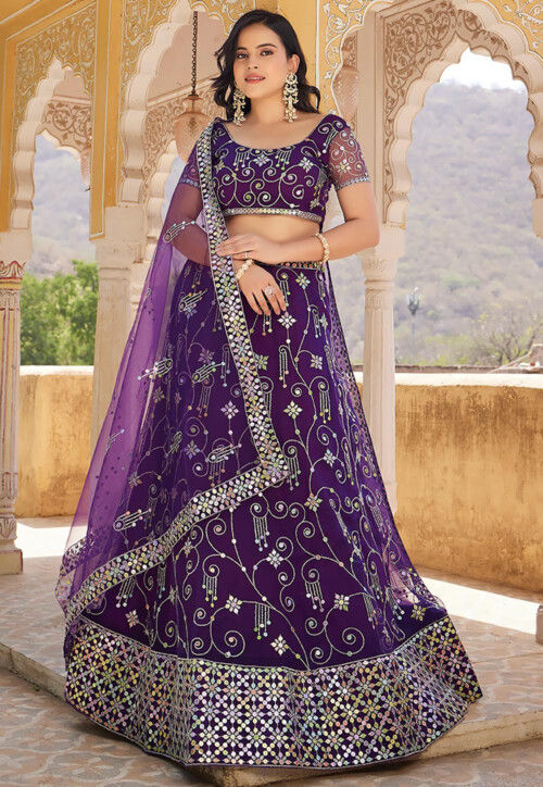 Embroidered Net Lehenga in Purple
