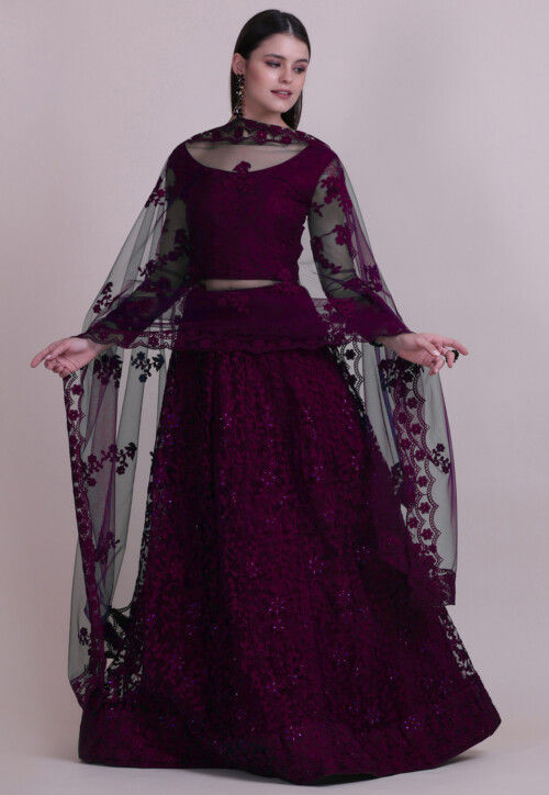 Embroidered Net Lehenga in Purple