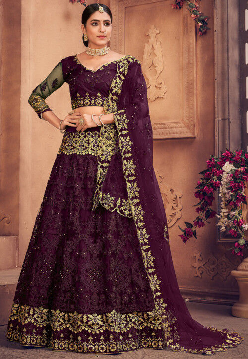 Embroidered Net Lehenga in Purple