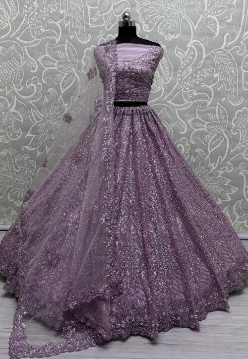 Embroidered Net Lehenga in Purple