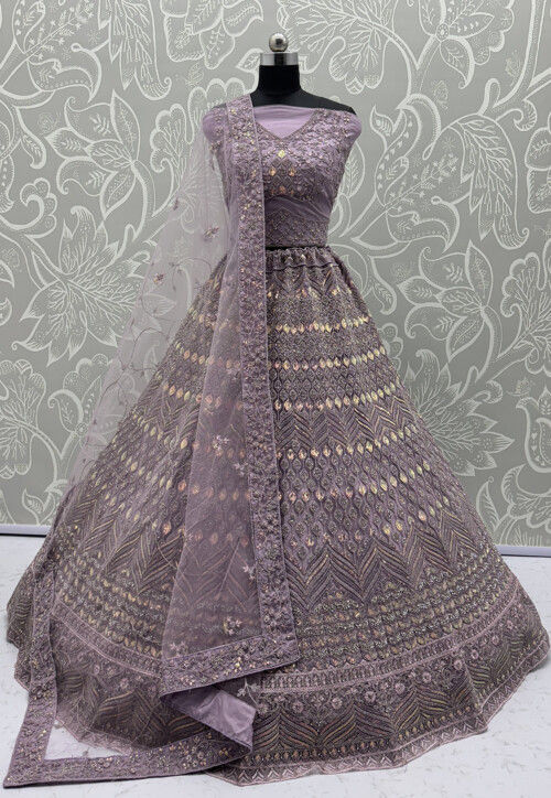 Embroidered Net Lehenga in Purple