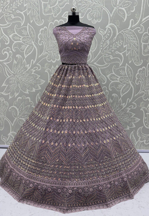Embroidered Net Lehenga in Purple