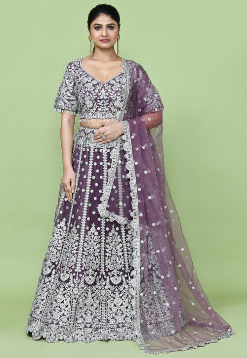 Embroidered Net Lehenga in Purple