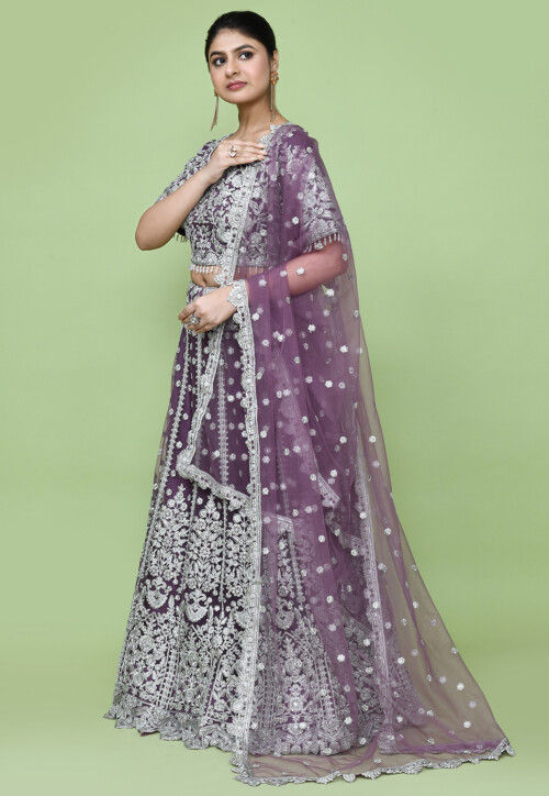 Embroidered Net Lehenga in Purple