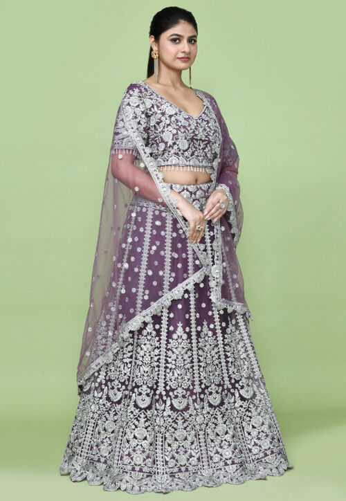 Embroidered Net Lehenga in Purple