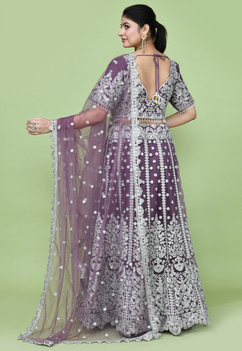 Embroidered Net Lehenga in Purple