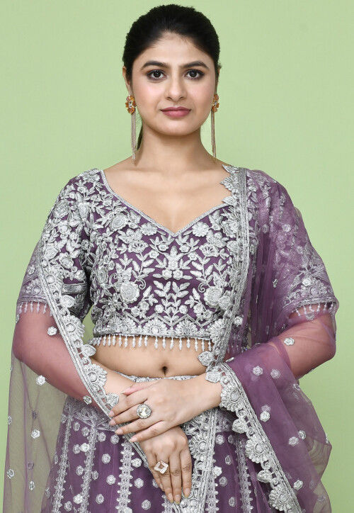 Embroidered Net Lehenga in Purple