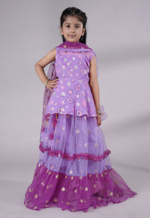 Embroidered Net Lehenga in Purple