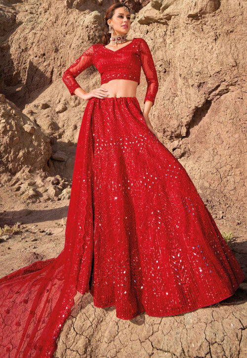 Embroidered Net Lehenga in Red