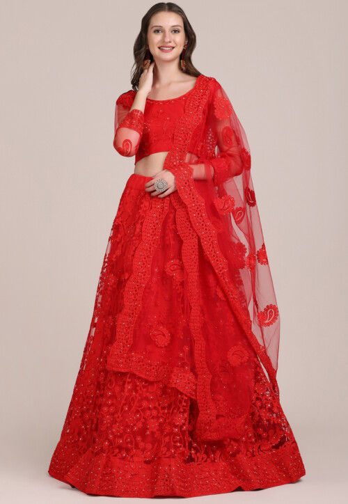 Embroidered Net Lehenga in Red