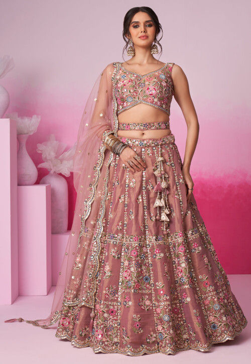 Embroidered Net Lehenga in Rose Gold