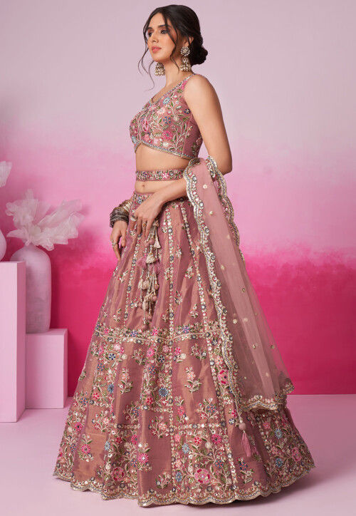 Embroidered Net Lehenga in Rose Gold