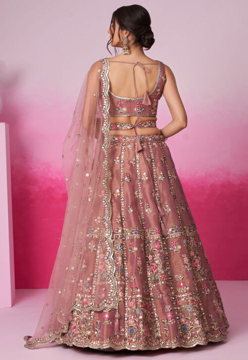 Embroidered Net Lehenga in Rose Gold