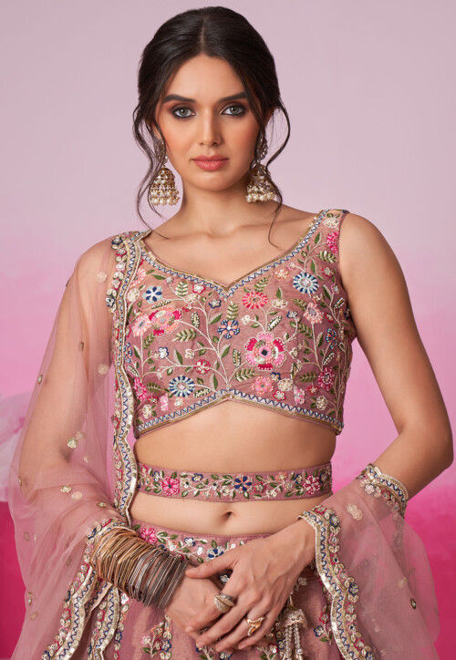 Embroidered Net Lehenga in Rose Gold